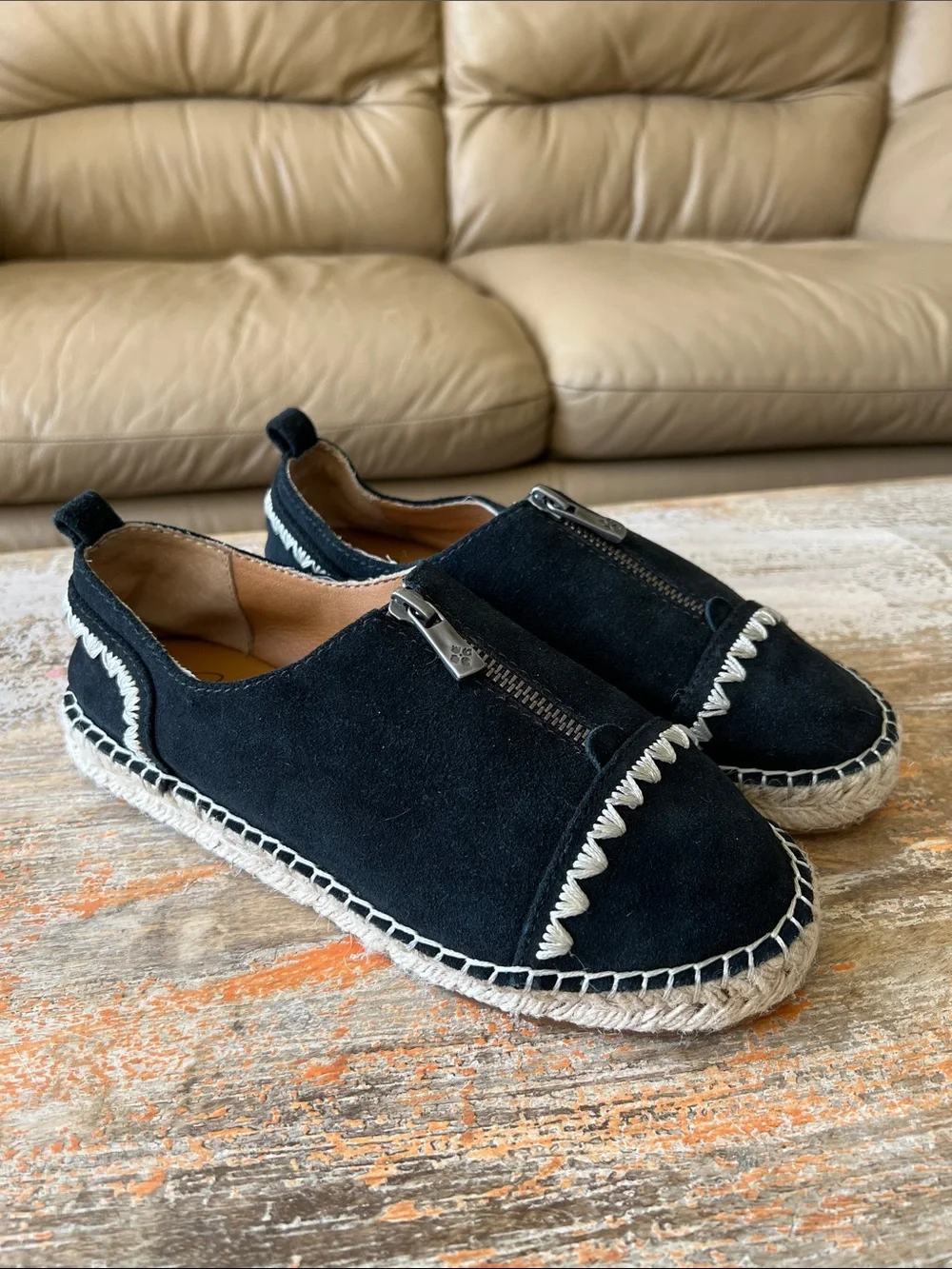 Patricia Nash Black Suede Espadrille Slip-On with Cream Stitching Size 6.5